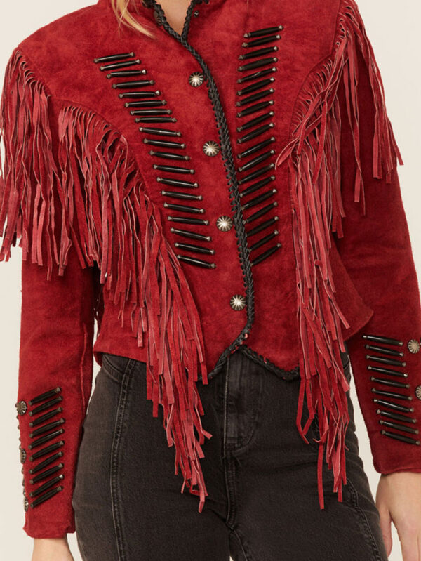 Cripple Creek Women's Beaded Suede Fringe Black Stones Military Jacket